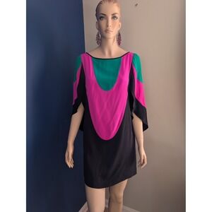 MILLY 100% Silk Shift Dress Colorblock Cocktail Dress Retro Mini‎ Dress size 2
